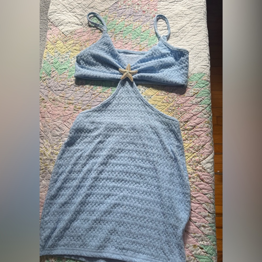 Mini Dress with Starfish Accent in Light Blue